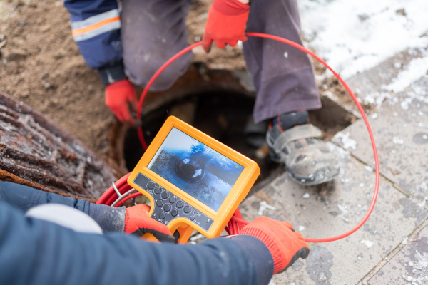 Técnico operando câmera de vídeo inspeção por fibra óptica em cano de esgoto residencial para diagnosticar fissuras